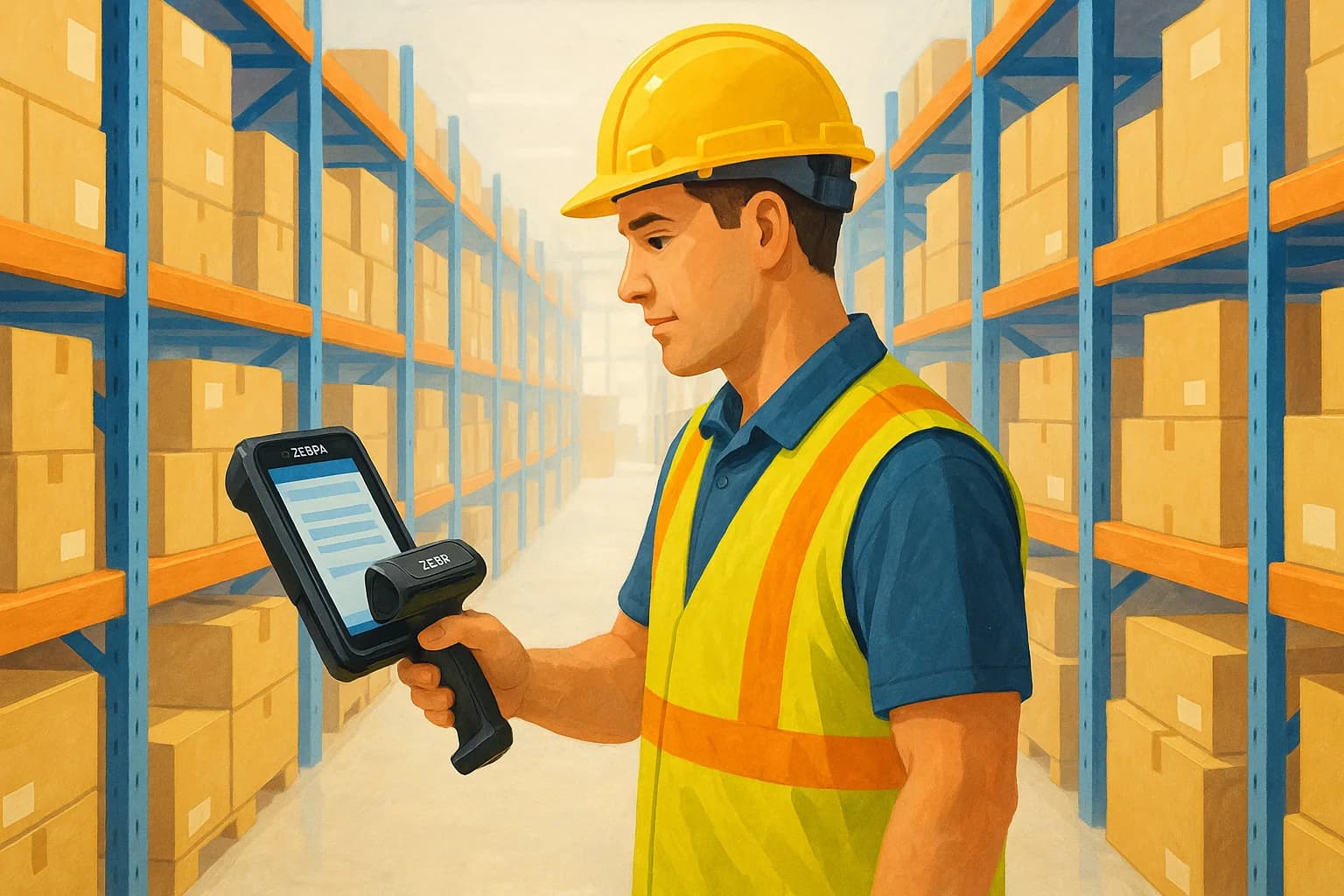 Almacenista con casco y chaleco escaneando con una terminal Zebra entre racks de cajas