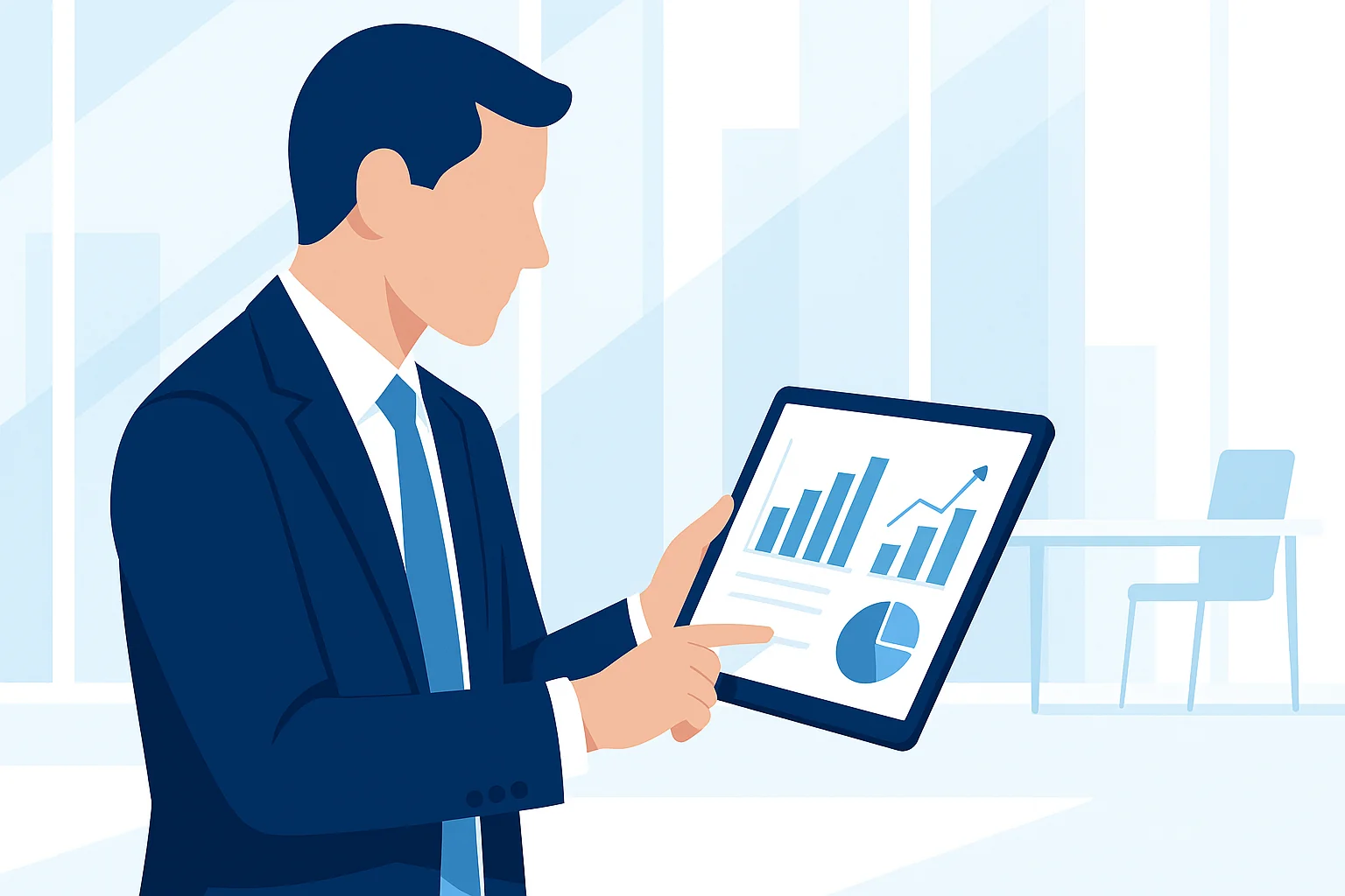 Ejecutivo de ventas revisando gráficas de avance en una tableta