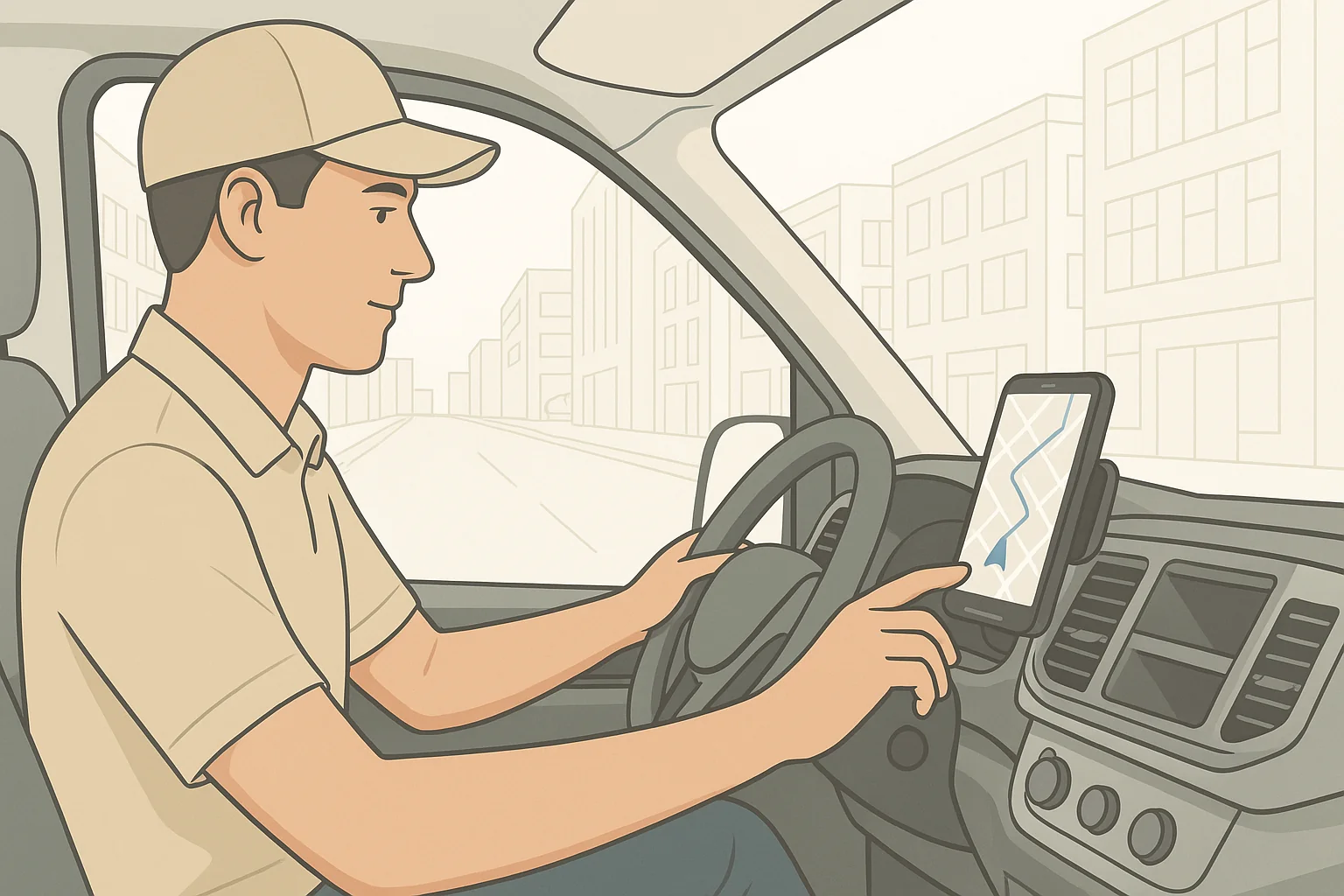 Chofer de reparto al volante de una camioneta, con el teléfono montado en el tablero mostrando la ruta