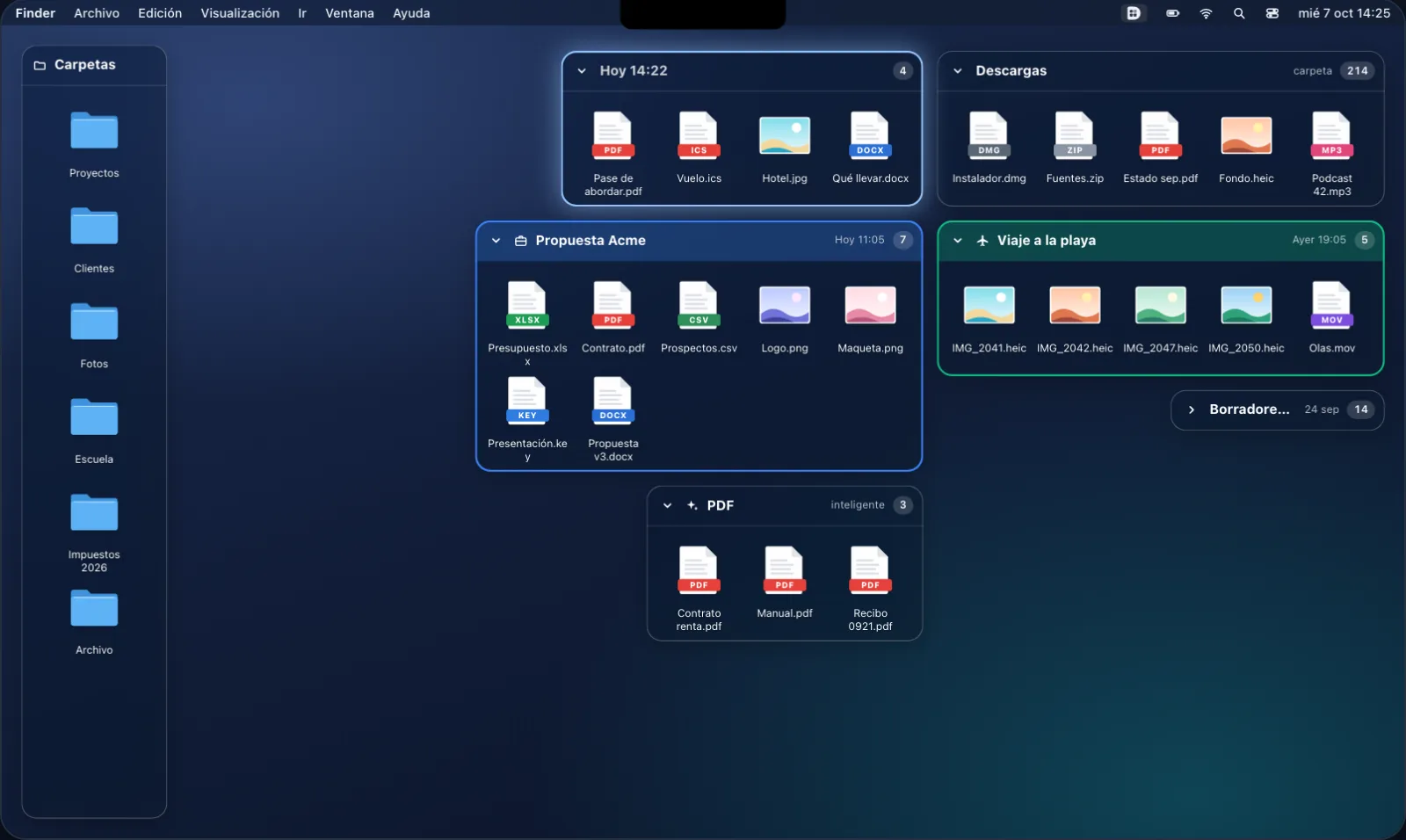 Escritorio de una Mac con la caja de carpetas a la izquierda y, a la derecha, cajas de archivos: una de la última descarga, una de Descargas en vivo, «Propuesta Acme», «Viaje a la playa» y una caja inteligente de PDF.