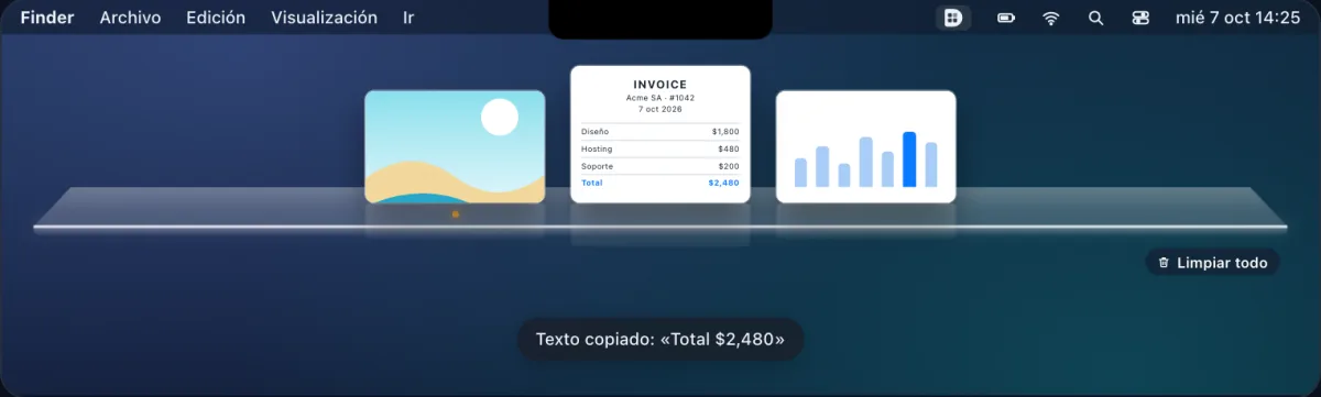 Tres capturas de pantalla sobre una repisa de vidrio bajo la barra de menús, con el aviso «Texto copiado».