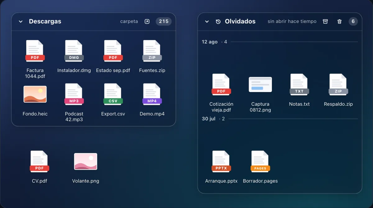Caja de la carpeta Descargas con sus archivos y, al lado, la caja Olvidados con archivos agrupados por fecha.