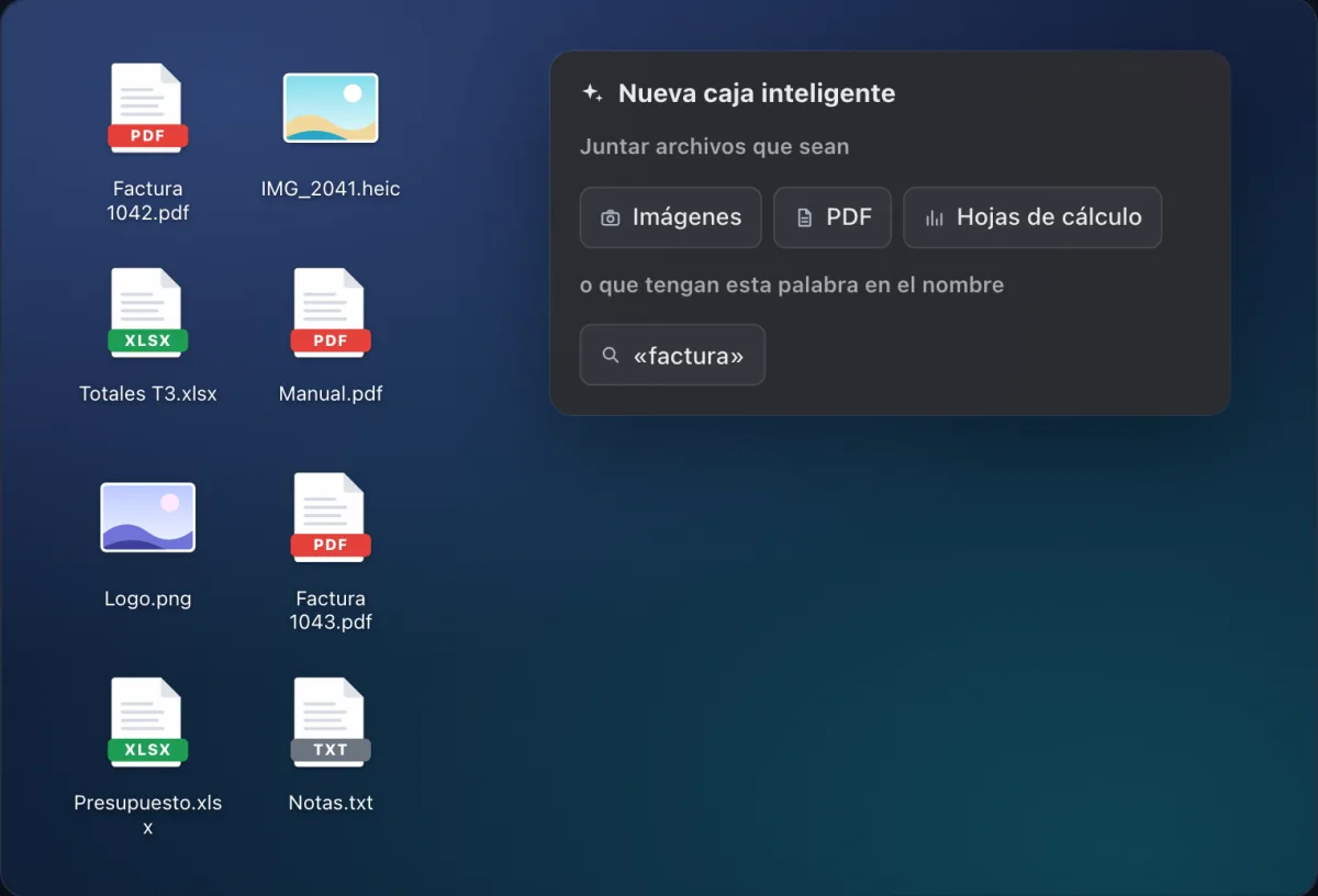 Ventana «Nueva caja inteligente» con las opciones Imágenes, PDF y Hojas de cálculo y la palabra «factura», junto a archivos sueltos del escritorio.