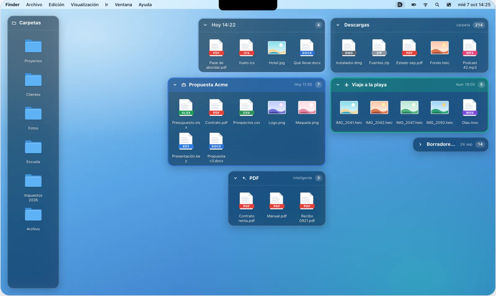 Escritorio de una Mac con la caja de carpetas a la izquierda y, a la derecha, cajas de archivos: una de la última descarga, una de Descargas en vivo, «Propuesta Acme», «Viaje a la playa» y una caja inteligente de PDF.