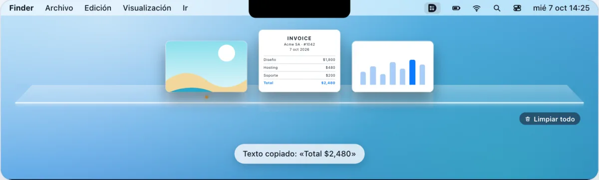 Tres capturas de pantalla sobre una repisa de vidrio bajo la barra de menús, con el aviso «Texto copiado».
