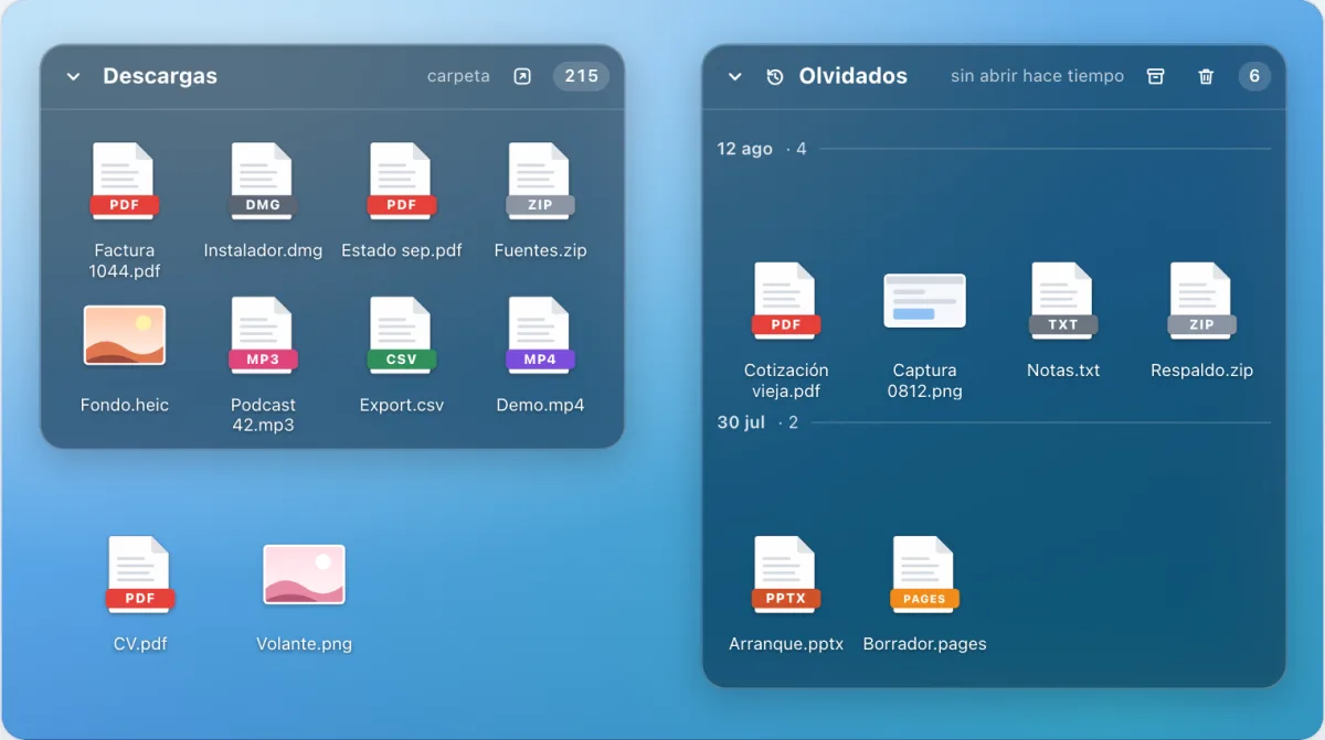 Caja de la carpeta Descargas con sus archivos y, al lado, la caja Olvidados con archivos agrupados por fecha.
