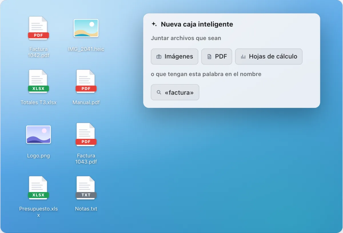 Ventana «Nueva caja inteligente» con las opciones Imágenes, PDF y Hojas de cálculo y la palabra «factura», junto a archivos sueltos del escritorio.