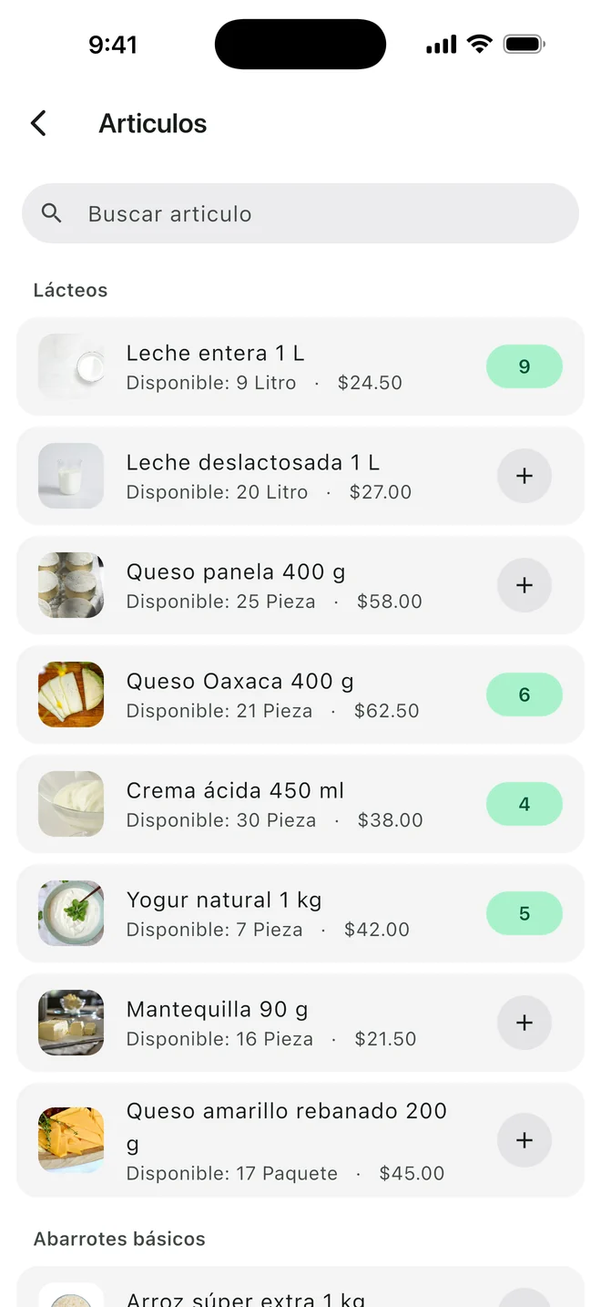 Catálogo en la app: cada artículo con lo disponible en el camión y las piezas ya agregadas a la nota.