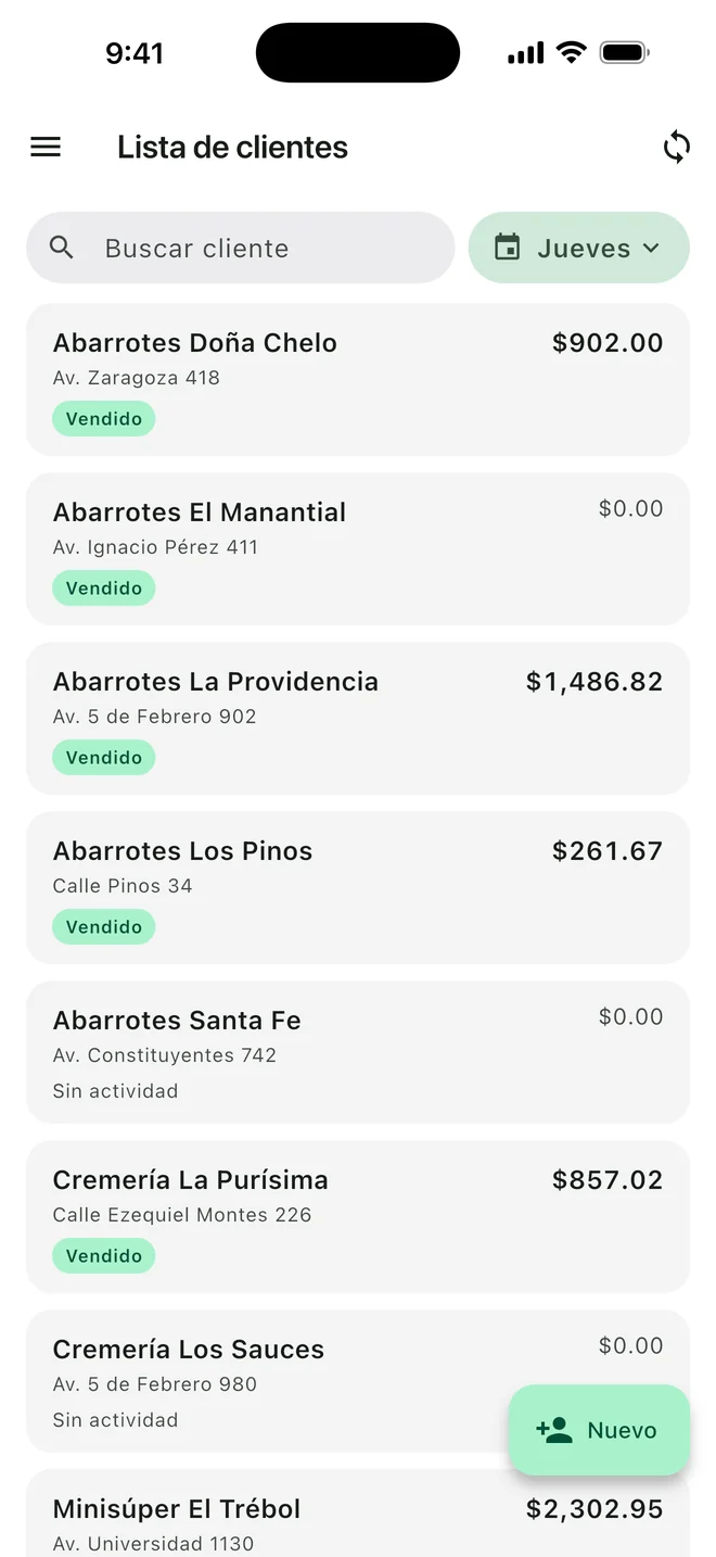 Lista de clientes del día en la app, con el saldo de cada uno y si ya se le vendió.