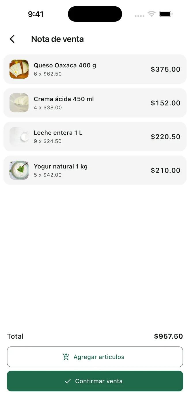 Una nota de venta capturada en la app con el teléfono sin señal.