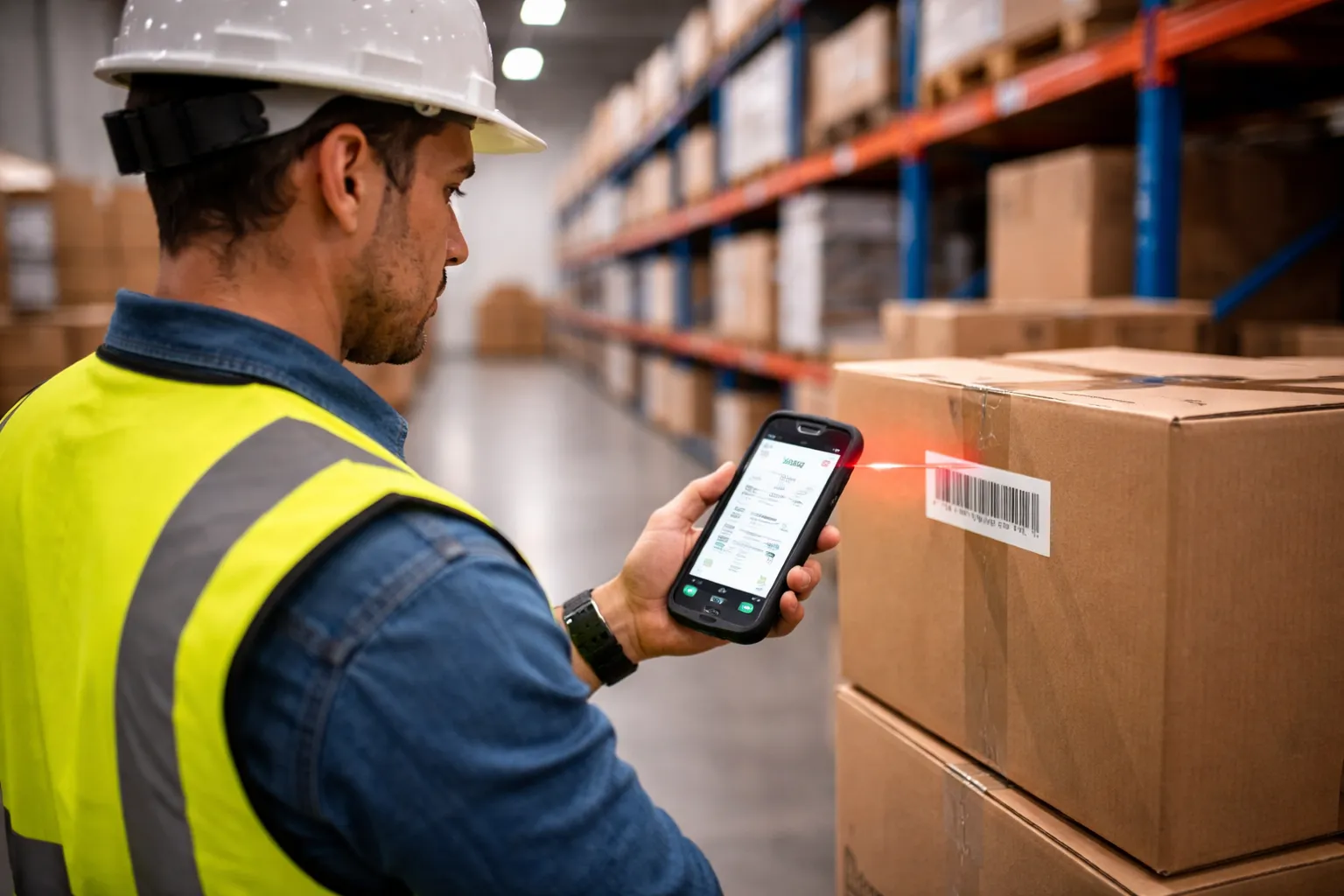 Trabajador usando app movil empresarial en bodega