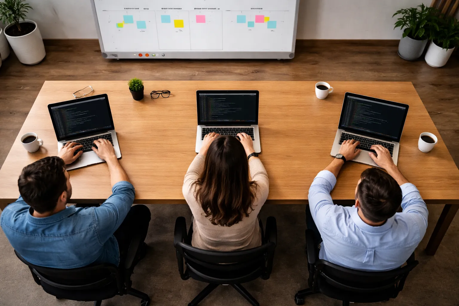 Equipo de desarrollo trabajando en aplicacion movil empresarial